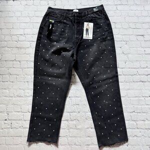 Simple Society Womens Black Straight Super High Rise Button Fly Crop Jeans 17 33